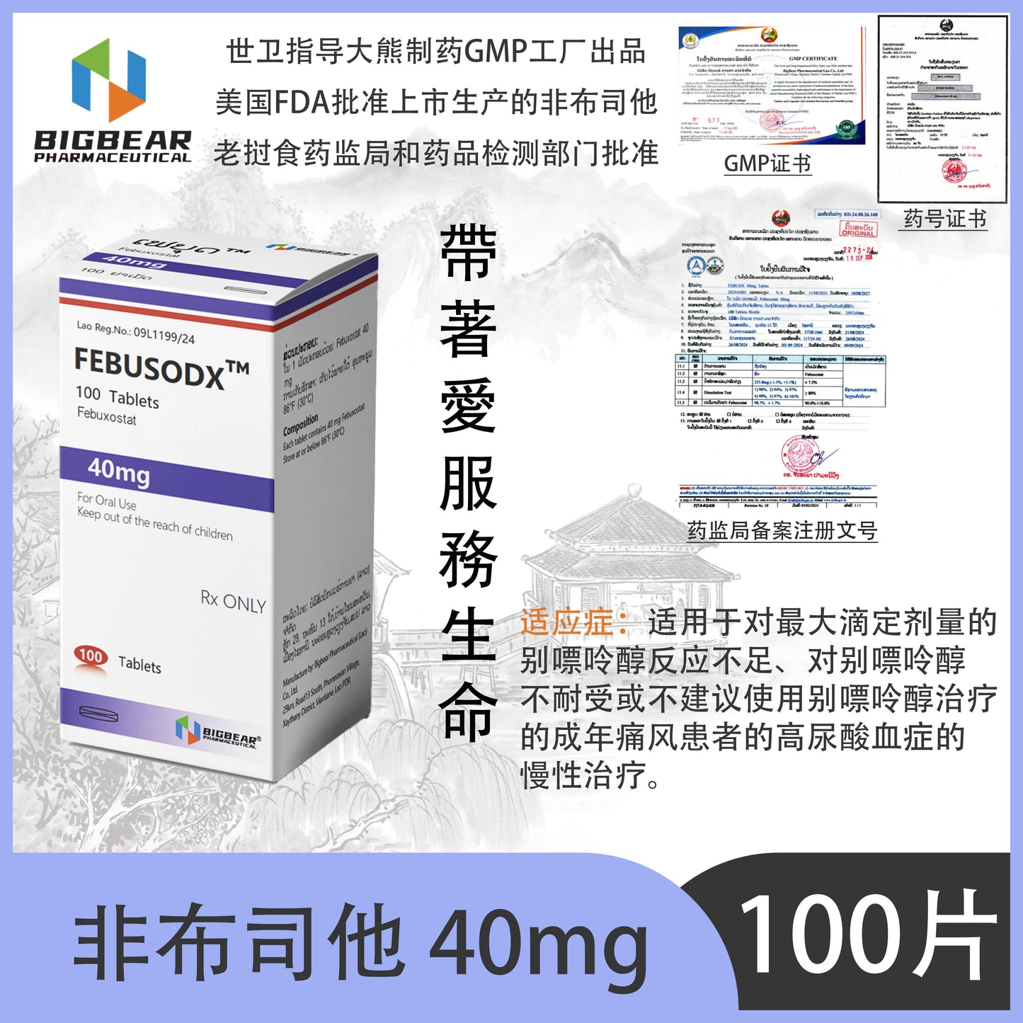 大熊制药 BIGBEAR  非布司他40mgFEBUSODY™M  100 Tablets Febuxostat
